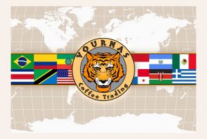Graphic of the Vournas Coffee Trading logo with national flags significant to the specialty coffee industry super-imposed over a world map, covering the equatorial coffee growing region known as the coffee belt.