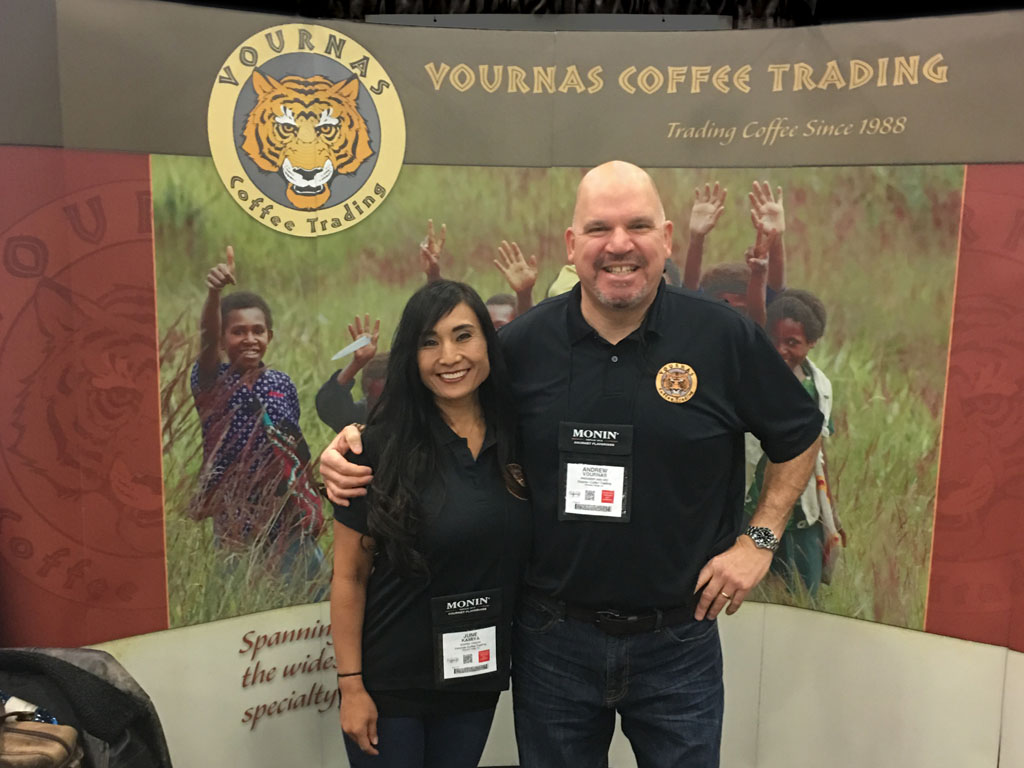 Coffee Traders Andrew Vournas and June Kamiya at the Vournas Coffee Trading Booth at Coffee Fest